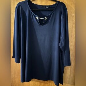 Tahari Navy Blouse V Neck Cutout with Gold Chain Accent